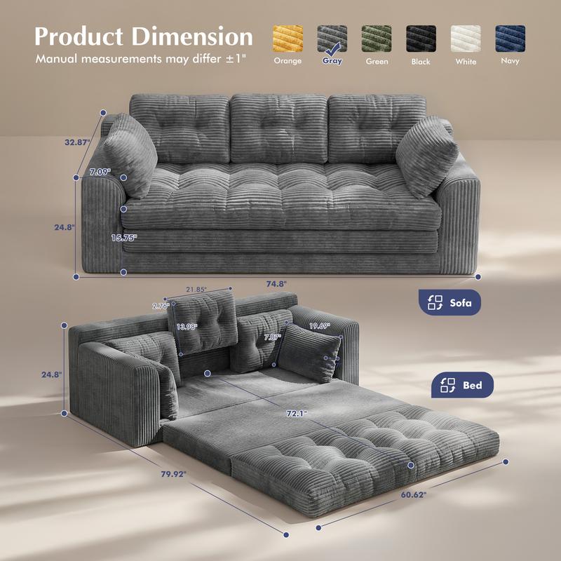 Sofá cama plegable convertible Raybee de 2-3 plazas, sofá cama extraíble sin estructura con almohadas, sofá de suelo plegable tapizado en pana con capitoné, cómodo salón con espuma de alta resiliencia y alta densidad para espacios pequeños, sala de estar