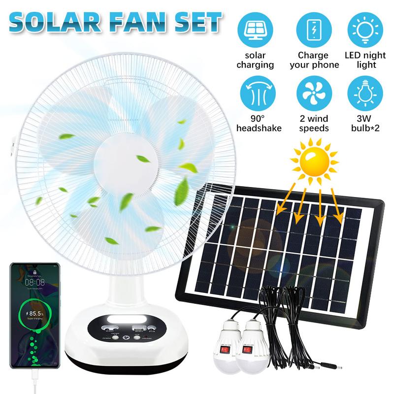 Ventilador de mesa recargable con bombillas LED y panel solar, batería de 6 V y 4500 mAh, motor de CC de 18 W, carga USB, flujo de aire de gran angular, kit de ventilador solar portátil para uso en interiores y exteriores.