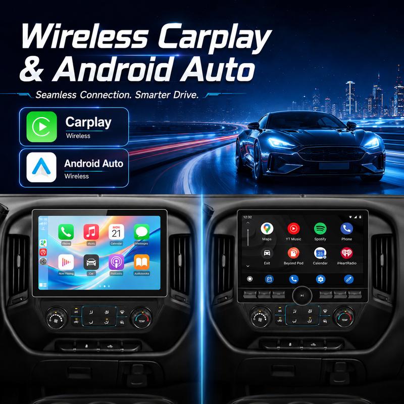 Autoestéreo de 13.1" para Chevy Silverado y GMC Sierra 2014-2018: CarPlay/Android Auto inalámbrico, navegación GPS (se requiere una caja de fibra óptica adicional para el sistema Bose).