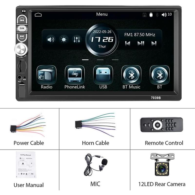 Autoestéreo DIN de 7 pulgadas con Carplay, Android Auto, Bluetooth, pantalla táctil 5.1, receptor de audio para automóvil con Mirror Link, radio FM, SWC, USB, AUX, tarjeta TF y cámara de reversa HD de 12 LED, SummerVibes, regalo del día del padre.