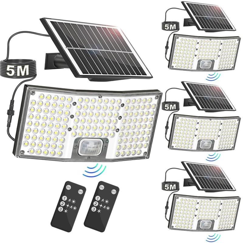 MATULSA 4/2 Luces solares con sensor de movimiento, focos LED solares con control remoto, luces de seguridad de 4000 lúmenes con sensor crepuscular, panel separado, 3 modos/IP65/cable de 5 metros, iluminación exterior para patio y garaje #SummerVibes,camp
