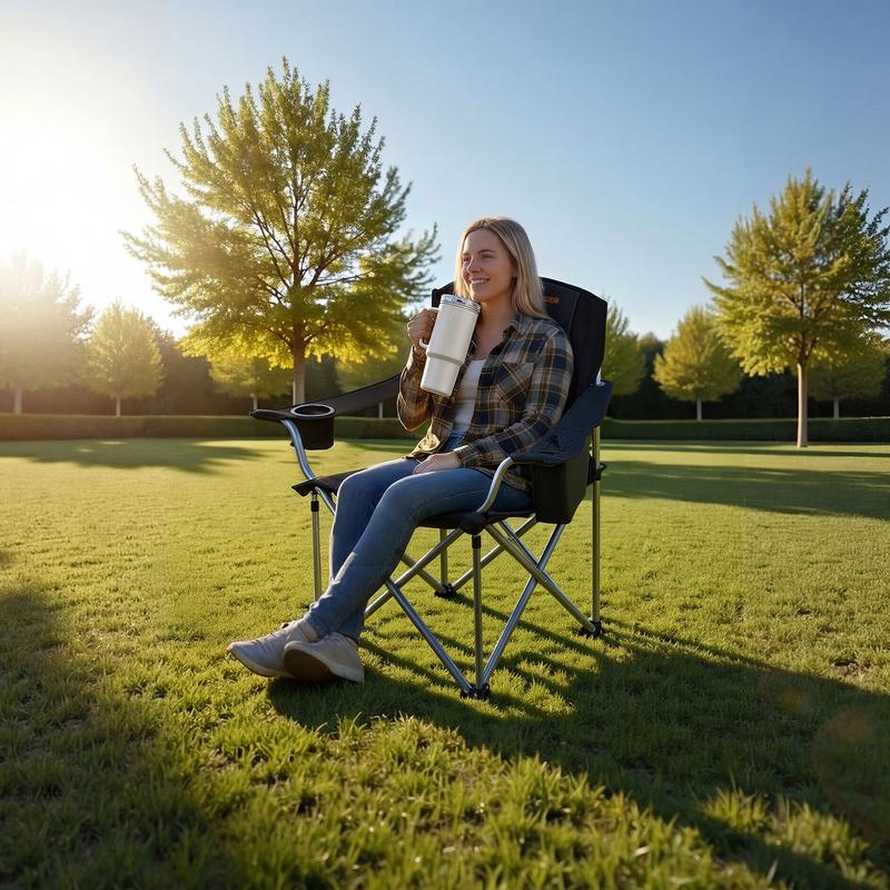 Sillas plegables extragrandes para camping VEVOR, paquete de 2, estructura metálica resistente de 204 kg, respaldo y reposabrazos acolchados de algodón resistente a la abrasión, portavasos, bolsillo lateral, bolsa térmica, bolsa de transporte para pesca a