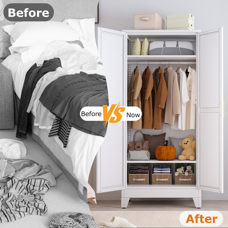 Armario metálico para ropa con espejo, armario de 180 cm con 2 puertas con espejo, estantes ajustables y barra para colgar ropa para dormitorio.