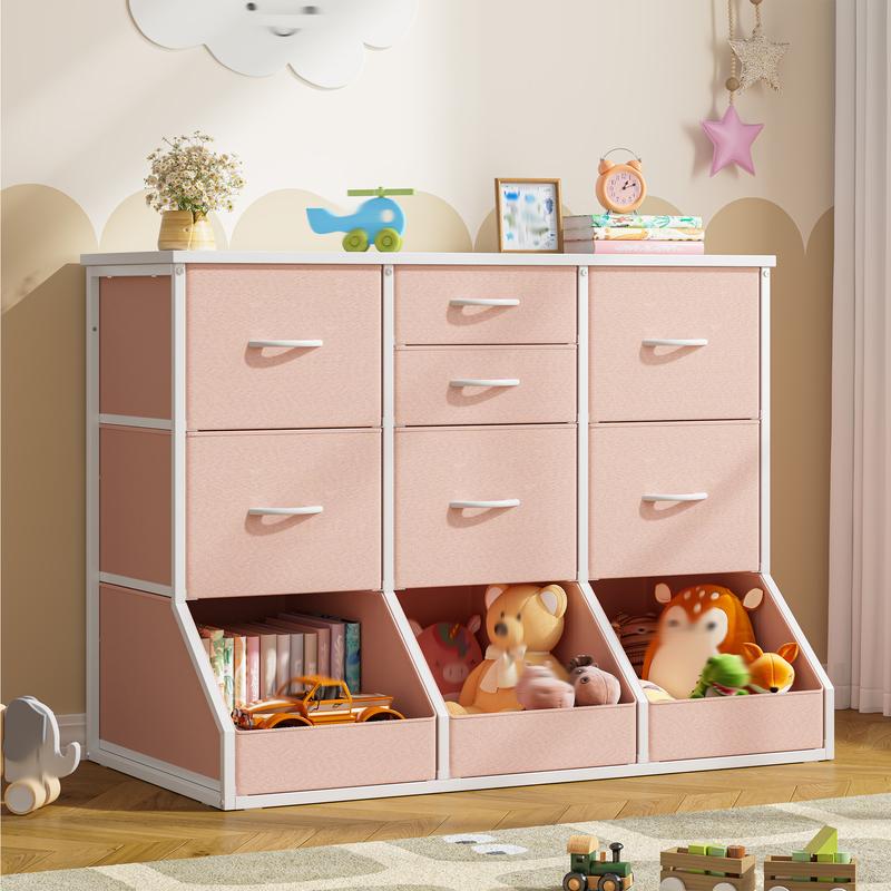 Organizador de almacenamiento Raybee de 99 cm de ancho con 7 cajones con cierre, 3 cajones con diseño de apertura espaciosa, estantería alta y librería para niños y niñas, cómoda moderna, mueble para el hogar que ahorra espacio para sala de juegos, aula, 