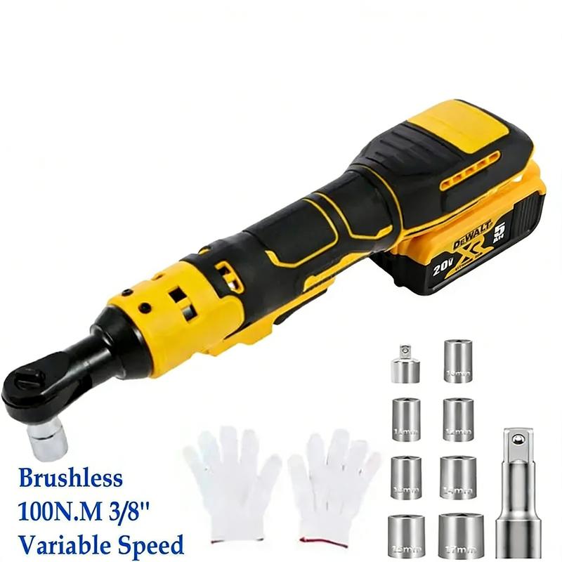 Llave de carraca eléctrica inalámbrica sin escobillas de 3/8" para batería de iones de litio Dewalt de 20 V, herramienta de alta potencia con luz LED y 9 ​​vasos, color amarillo.