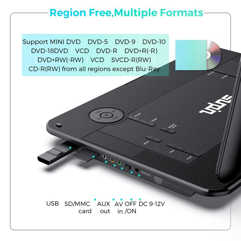 Reproductor de DVD portátil de 17,9" para niños, pantalla giratoria HD grande de 15,6", altavoces estéreo de alto volumen, sin restricción de región, batería de gran capacidad de 6 horas, control remoto, compatible con CD/USB/tarjeta SD/sincronización de 