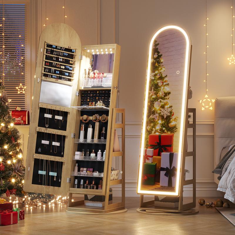 Armario joyero con espejo LED de pie – Armario joyero con cerradura, espejo arqueado de cuerpo entero, luces LED ajustables, regalo ideal para el Día de la Madre, summerwins