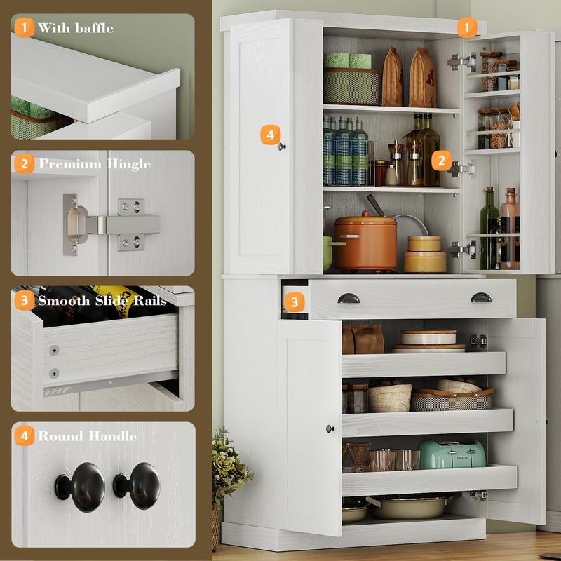 (Envío en 2 paquetes) Armario de cocina independiente IRONCK de 72", mueble de interior moderno que ahorra espacio con cajón, estante deslizante, 6 estantes colgantes, herrajes incluidos, armarios de almacenamiento
