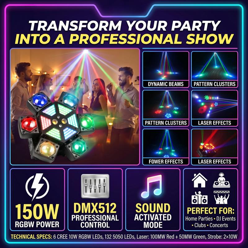 Luces de fiesta para DJ de 150 W con 6 brazos, luz de escenario RGBW de 150 W con láser rojo y verde, luces de discoteca sincronizadas con música y activadas por sonido, luz estroboscópica DMX512 para bodas, clubes y fiestas en casa.