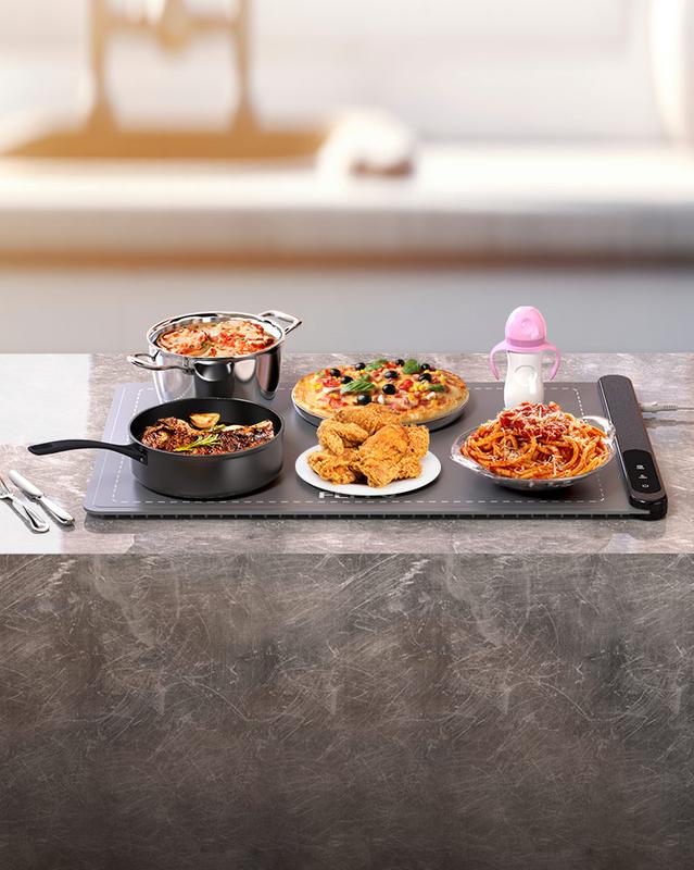 Alfombrilla eléctrica para calentar alimentos FEPPO actualizada con 6 niveles de temperatura y temporizador de 6 horas, calentamiento rápido de toda la superficie, calentador de alimentos enrollable para fiestas y bufés.