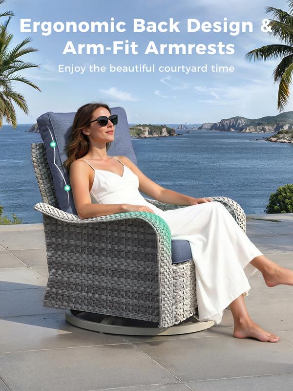 Conjunto moderno de muebles de exterior de mimbre de 3 piezas: sillas de exterior mecedoras de respaldo alto con asiento profundo y cojines de 10 cm, mesa auxiliar resistente a la decoloración, ratán PE resistente a la intemperie para jardín, patio traser