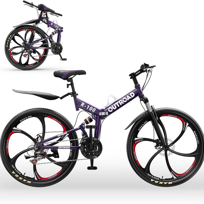 Bicicleta de montaña plegable unisex Outroad de 26 pulgadas - 21 velocidades, cuadro plegable compacto de acero de alto carbono, suspensión completa, frenos de disco dobles, bicicleta de ciclismo para adultos, negro/naranja/verde