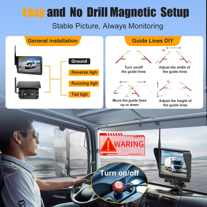 Cámara de visión trasera magnética inalámbrica para autocaravanas, batería recargable USB-C y alimentación solar, configuración inalámbrica, pantalla HD 1080P de 7" con visión nocturna y grabación en memoria, imán sin instalación, cámara de salpicadero pa