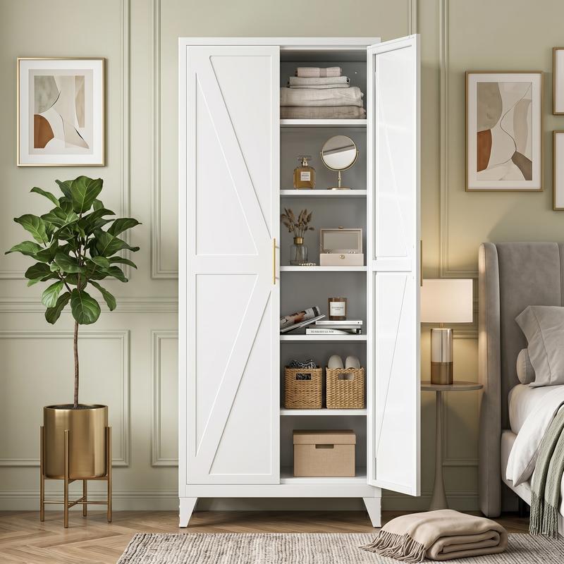 Armario despensa metálico de 190 cm de alto con puertas, armario despensa de cocina estilo rústico con 5 estantes ajustables para cocina, sala de estar, requiere montaje, blanco, 40 cm de profundidad x 80 cm de ancho x 190 cm de alto