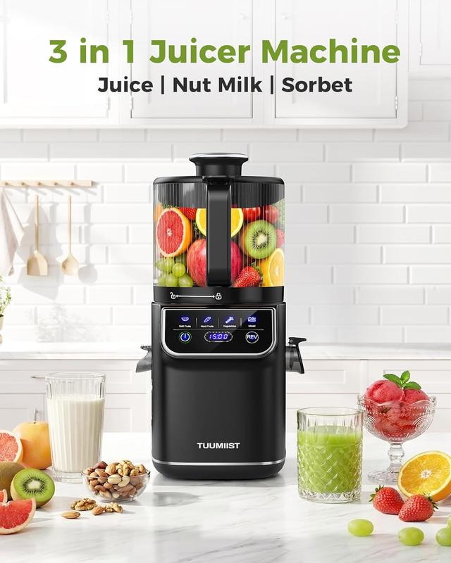 Extractor de jugo de prensado en frío TUUMIIST - Con pantalla táctil de 16,5 cm de ancho o manual, o extractor de jugo de frutas de prensado en frío manual de 18 cm de ancho, para frutas enteras, 30 % más de jugo, alto rendimiento, masticación lenta, gran