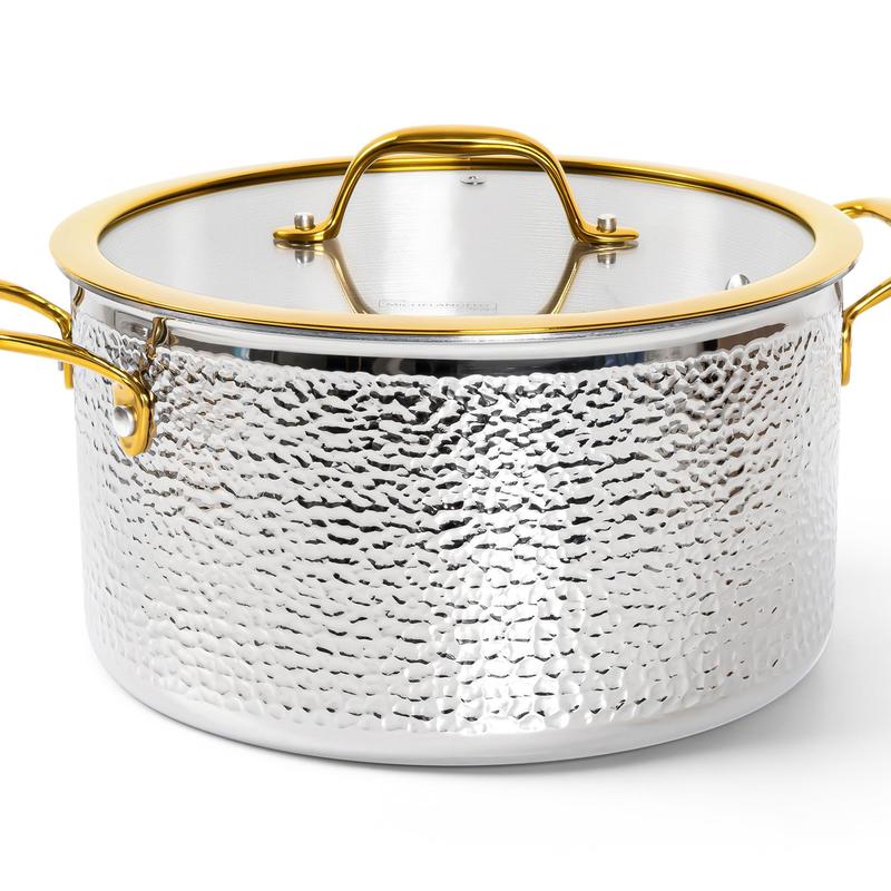 Juego de utensilios de cocina Michelangelo de 10 piezas de acero inoxidable triple, ollas y sartenes martilladas 18/10, elegantes cacerolas con asas doradas, tapas, apto para inducción, fácil de limpiar.