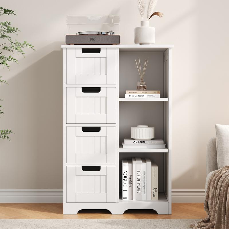 Mueble de baño moderno de madera blanca para suelo - Armarios de madera, doble cajón, organizador de almacenamiento multicompartimento con 3 cajones, 2 estantes, armarios con doble cajón
