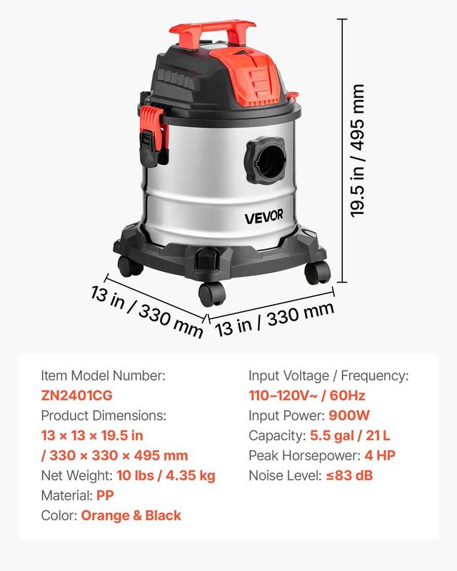 Aspiradora industrial VEVOR, 5.8 galones (21.9 litros) para uso en seco y húmedo, 4 HP de potencia máxima con autolimpieza de un botón, doble filtro, 900 W de potencia de entrada, manguera de 3.17 cm x 2.13 m, cable de 3 m, tanque metálico para obras, tal