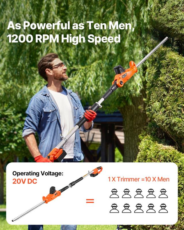 Cortasetos eléctrico inalámbrico, 20 V 1200 RPM con cuchillas de 20 pulgadas y diseño extensible, dispositivo portátil para exteriores.