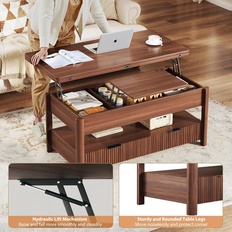 【Summergarden】Mesa de centro elevable de 101 cm (40"), mesa de centro cuadrada 4 en 1 con estante de almacenamiento y 2 cajones, mesas de centro modernas con tablero elevable, se convierte en mesa de comedor para sala de estar, oficina en casa, nogal