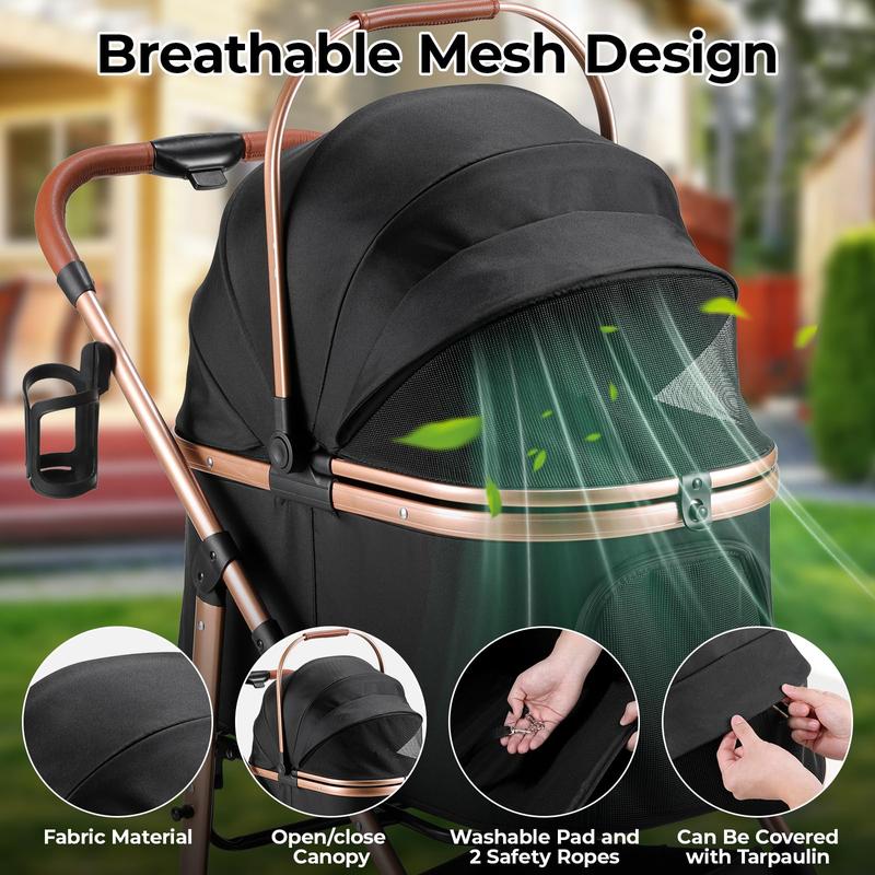 Cochecito para mascotas TLGREEN para perros y gatos medianos de hasta 25 kg, cochecito todoterreno 3 en 1 con transportín desmontable, ruedas de goma, plegado con un solo clic, cesta de almacenamiento y portavasos, cochecito de viaje para exteriores para