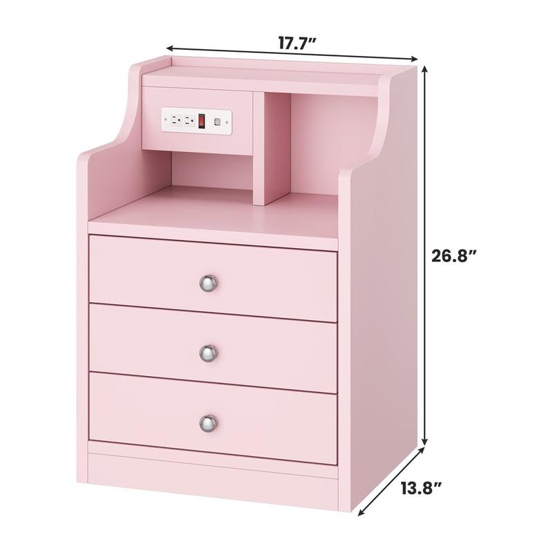 Mesita de noche Sikaic con estación de carga, mesita de noche rosa con estantería, mesita de noche con cajones, mesita de noche con almacenamiento, muebles para el hogar, artículos esenciales para dormitorios universitarios.
