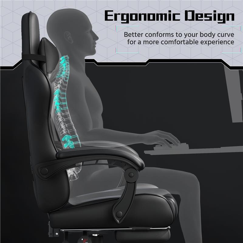 Silla ergonómica para videojuegos con soporte lumbar con masaje, reposapiés y reposacabezas retráctiles – Silla de oficina reclinable de cuero sintético, silla de escritorio giratoria con ruedas para jugadores altos.