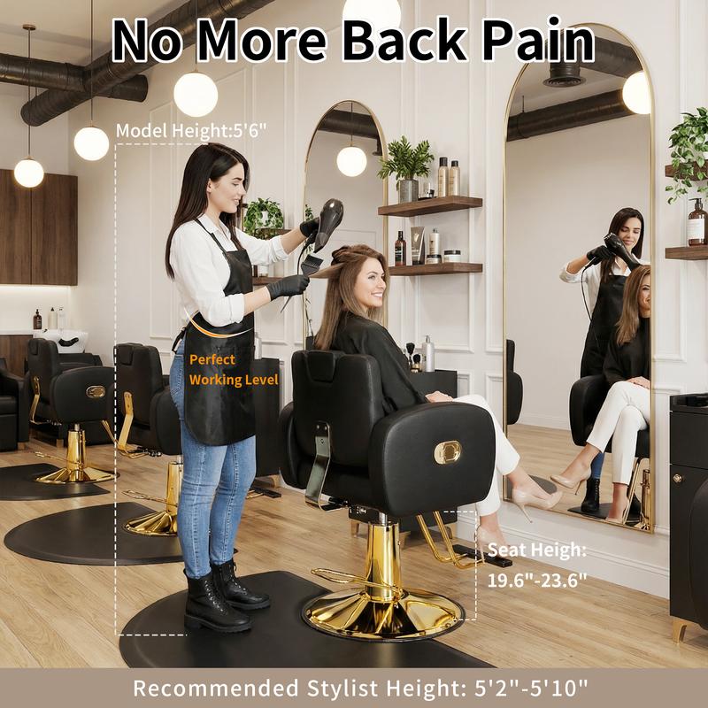 Silla de salón ergonómica dorada con cómodos cojines acolchados, silla de estilista resistente con estructura de acero, elegante silla de peluquería con tapicería de cuero, capacidad de peso de 200 kg (440 lbs).
