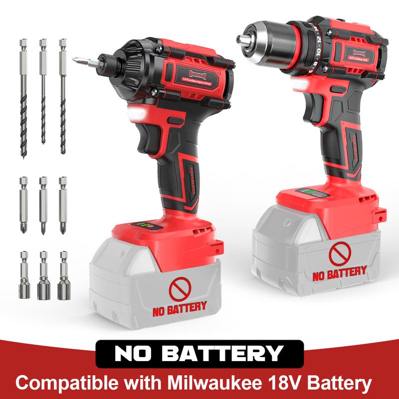 Kit combinado de taladro inalámbrico y atornillador de impacto compatible con baterías DeWalt/Milwaukee, atornillador sin escobillas de 1/4" y taladro eléctrico de 3/8" con luz LED. Regalo ideal para el Día del Padre.