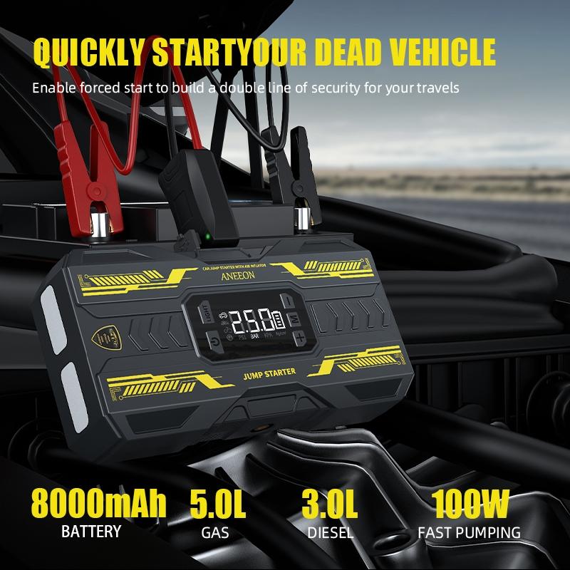 Arrancador portátil para coche de 6400 mAh/8000 mAh con compresor de aire, carga USB rápida, múltiples protecciones de seguridad, incluye cables de arranque #GLOBAL PICKS