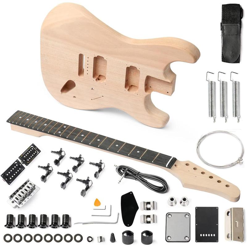 Kit de guitarra eléctrica Glarry DIY con púas - 6 cuerdas, cuerpo de madera de caoba, mástil de arce, ideal para principiantes, todos los componentes incluidos (IVA incluido), cuerdas de guitarra tiktokshopbacktoschool