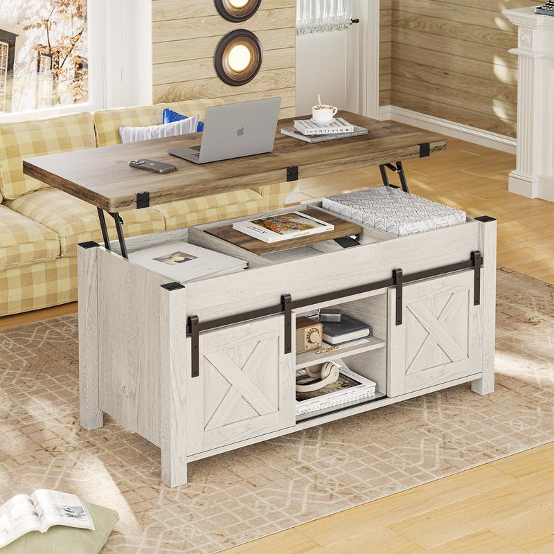 Mesa de centro Sedeta 4 en 1 multifuncional con tapa elevable - Muebles de sala de estar de estilo rústico en roble envejecido, mesa de comedor convertible con diseño plegable, puertas corredizas, almacenamiento y compartimento oculto, mesas de comedor co