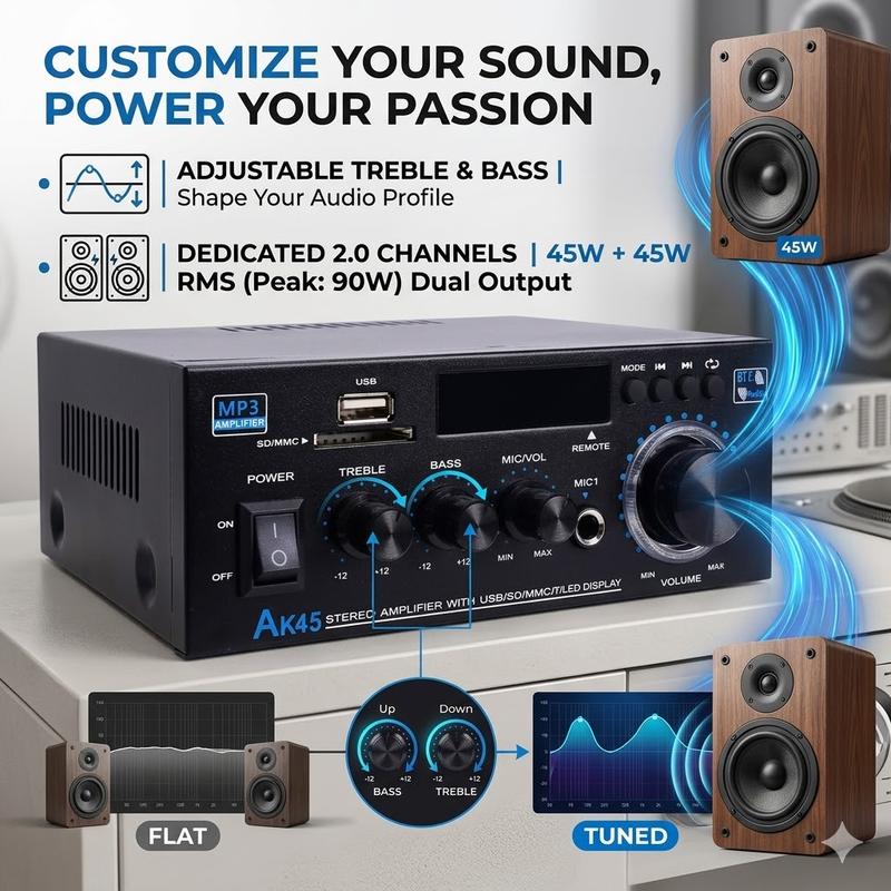 Amplificador estéreo Bluetooth 5.0 HiFi de 2.0 canales con soporte para USB, SD y RCA para micrófono dual, ideal para karaoke, cine en casa, fiestas y transmisión de audio.