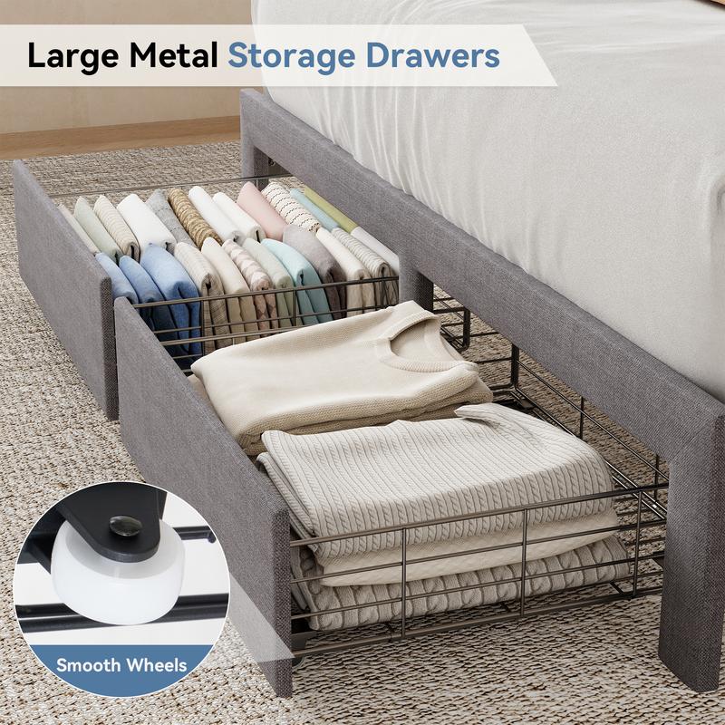 Estructura de cama híbrida resistente de metal tapizado con cabecero de tela - Tamaño Queen/King, 2 cestas de almacenamiento de metal, fácil montaje, decoración contemporánea para el hogar, muebles para apartamentos.