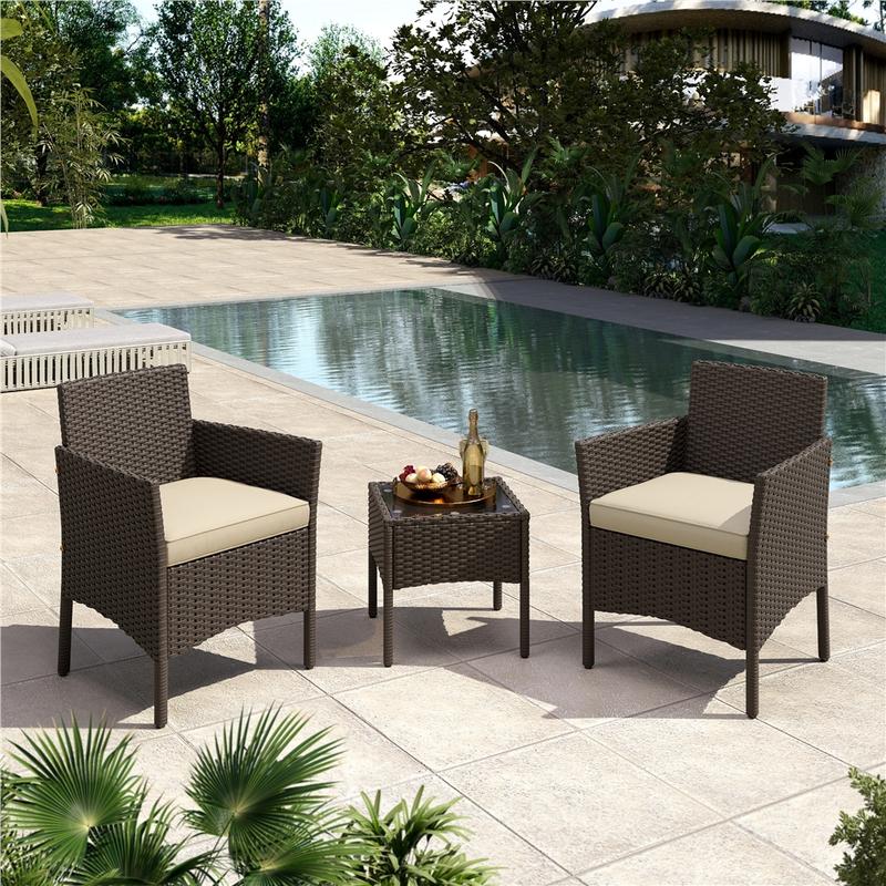 Conjunto de muebles de patio Yaheetech de 3 piezas, conjunto de muebles de ratán para exteriores, 2 sillas con cojines y 1 mesa auxiliar para bistró/porche/jardín/terraza/patio, decoración del hogar, artículos esenciales para acampar.