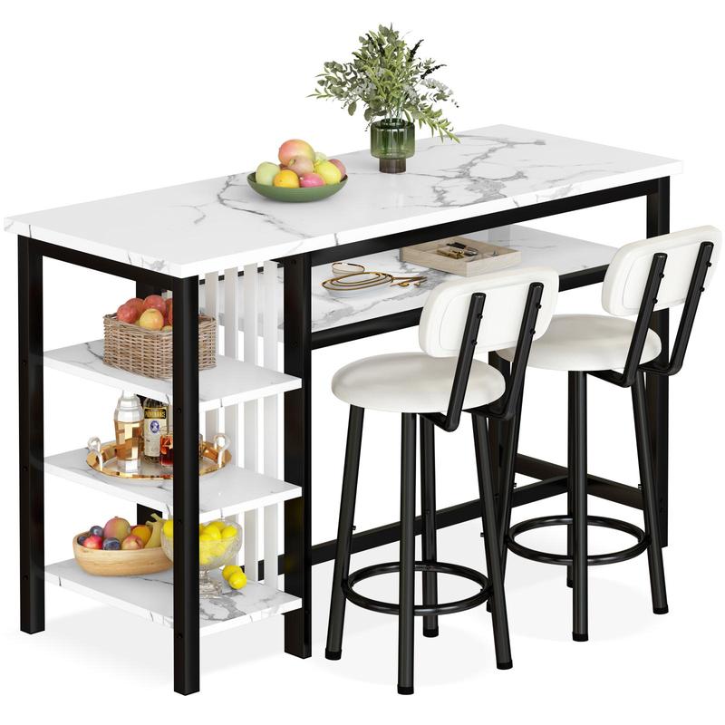 Juego de 3 mesas y sillas de bar AWQM, mesa moderna de imitación mármol blanco con 2 taburetes de bar con cojines de PU, mostrador de cocina con estantes de almacenamiento de 3 niveles, mesa que ahorra espacio para el hogar y la cocina, marco negro, juego