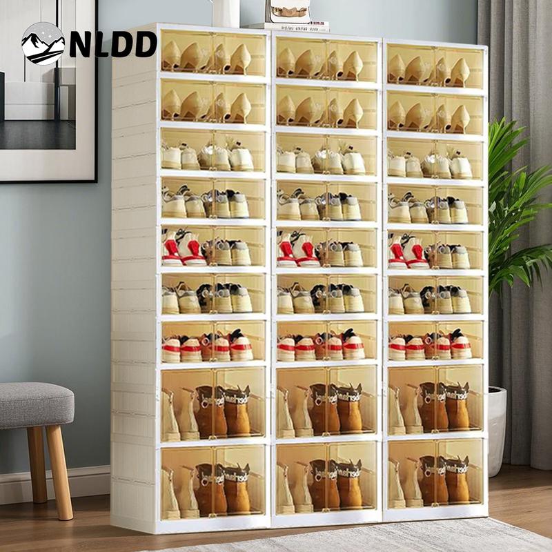 La revolución del zapatero transparente de 9 niveles de NLDD: organizador plegable y expandible para 18 pares, accesorio compacto para armario con cajas transparentes y ruedas. Organizador de zapatos de plástico Springtok con luz para armario.
