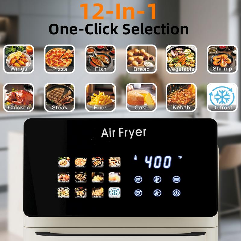 Horno freidora de aire XL Pro de 10 litros con función de parrilla integrada para encimera de cocina, horno de convección inteligente 12 en 1, freidora de aire con ventana de cristal, cesta antiadherente, revestimientos para freír, puerta extraíble - Blan