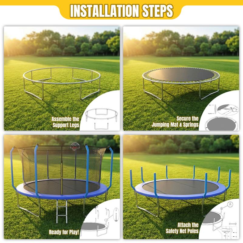 Cama elástica azul de 8/10/12/14 pies para parque infantil, tamaño estándar, con escalera y aro de baloncesto. Cama elástica resistente para exteriores, reforzada y de mayor grosor. Marca: summerwins.