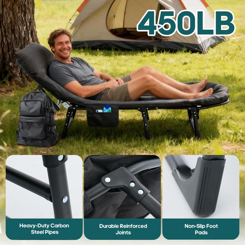 Cama plegable de camping Sweetcrispy para adultos, ajustable en 6 ángulos, con colchón, ideal para acampar, la oficina o actividades al aire libre. Cama plegable ligera que soporta hasta 204 kg (450 lbs).