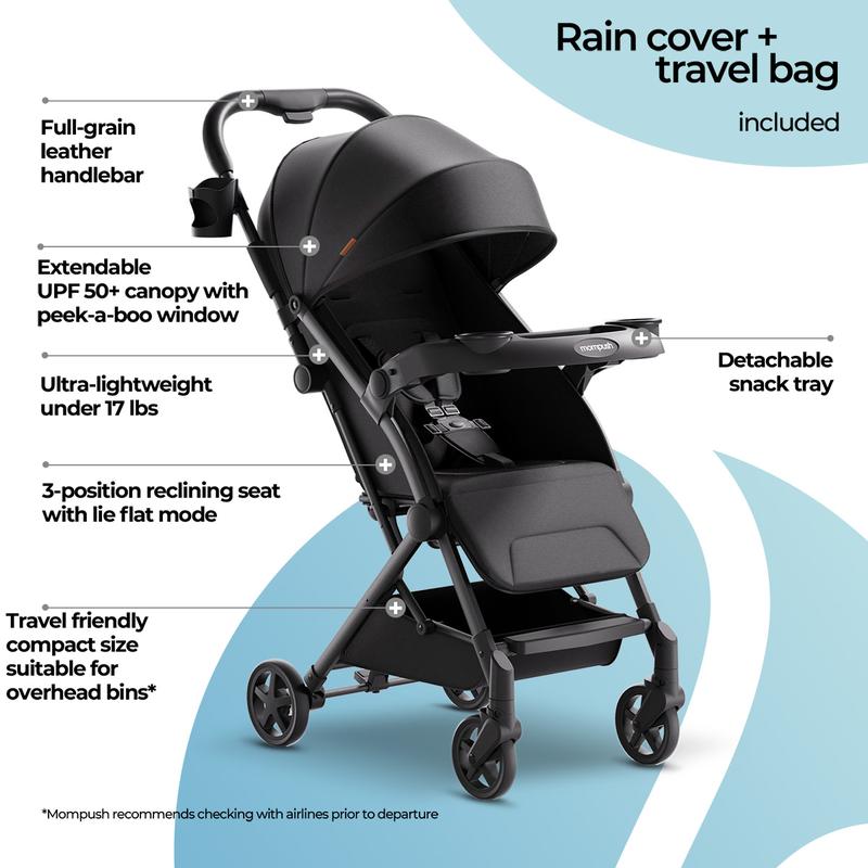 Cochecito de viaje ligero Mompush Lithe V2, cochecito compacto plegable para bebé con bolsa de viaje, plegado con una sola mano, bandeja para meriendas, asiento reclinable mecánico, apto para aviones, capota con protección UPF 50+ y funda para la lluvia.