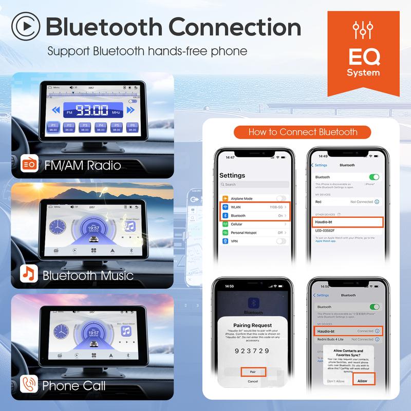 Autoestéreo inalámbrico Apple CarPlay y Android Auto de 7" (modelo 2026), pantalla táctil HD de 7", cámara de reversa, control por voz y radio FM – Ajuste universal.