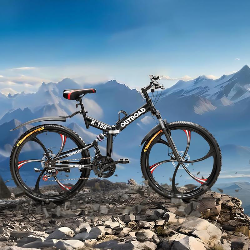 Bicicleta de montaña plegable unisex Outroad de 26 pulgadas - 21 velocidades, cuadro plegable compacto de acero de alto carbono, suspensión completa, frenos de disco dobles, bicicleta de ciclismo para adultos, negro/naranja/verde
