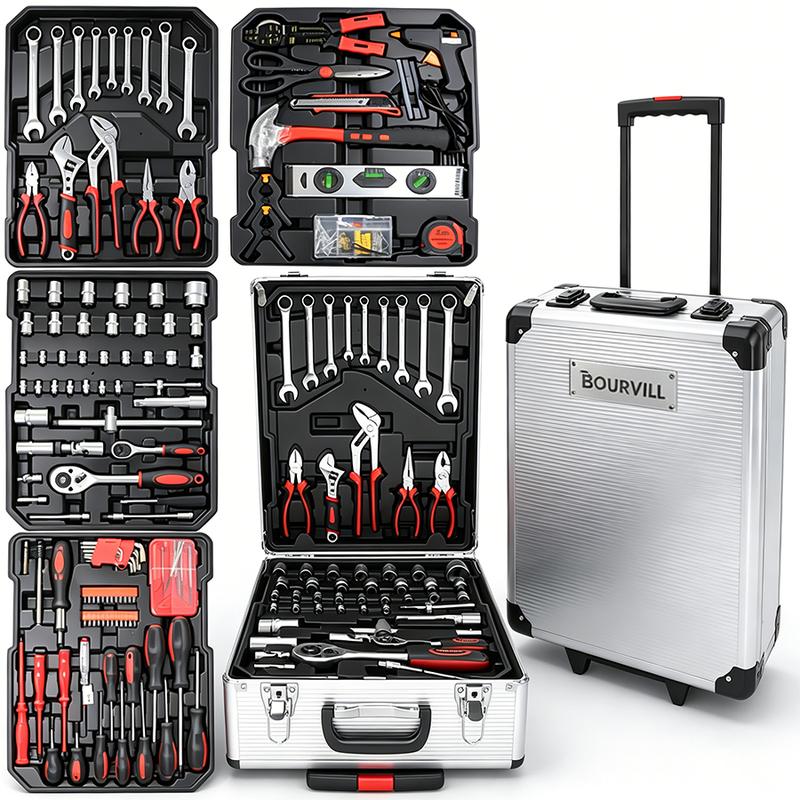 Juego de herramientas de 899 piezas, caja de herramientas rodante de aluminio con 4 cajones, kit completo para mecánicos y reparaciones del hogar.