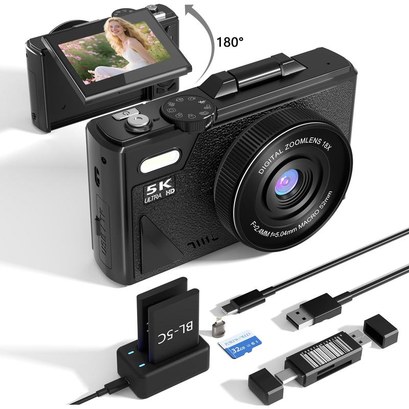 Cámara digital 5K 2026, cámara retro portátil, cámara digital de 180° con pantalla abatible, cámara para vlogging con zoom digital 18X, cámaras para fotografía, cámara de viaje compacta para adolescentes, regalos de verano