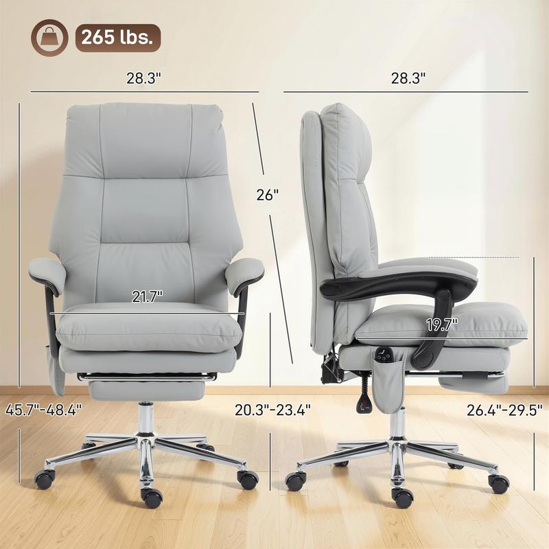 Sillón de oficina con masaje y vibración de 6 puntos, sillón reclinable acolchado con respaldo alto, tapizado en cuero sintético, reposapiés, cojín de muelles grueso, soporte lumbar, altura ajustable y ruedas giratorias.