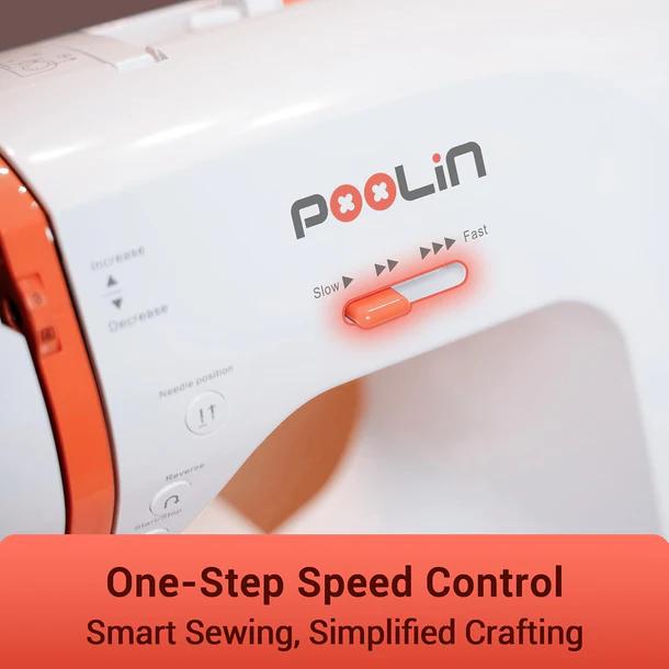 Máquina de coser electrónica PooLin EOC02RE, ideal para principiantes, modelo doméstico multifuncional con puntada invisible, opciones alfabéticas para costura DIY, puntadas incorporadas.