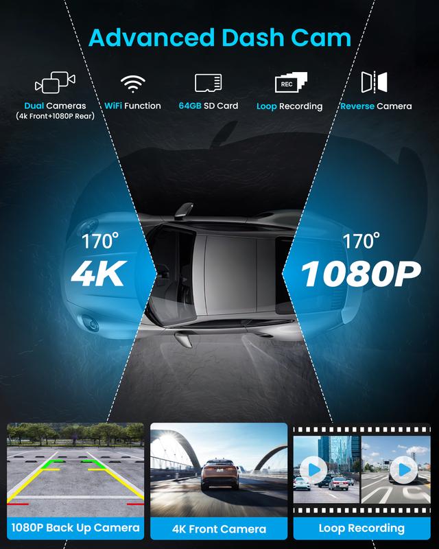 Autoestéreo portátil de 10 pulgadas con cámara de salpicadero 4K y cámara de marcha atrás 1080P – Apple CarPlay inalámbrico, Android Auto, 64 GB de almacenamiento, navegación GPS, control por voz, reproducción de música, Mirror Link, tarjeta de memoria in