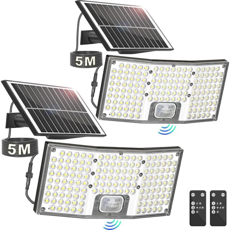 MATULSA 4/2 Luces solares con sensor de movimiento, focos LED solares con control remoto, luces de seguridad de 4000 lúmenes con sensor crepuscular, panel separado, 3 modos/IP65/cable de 5 metros, iluminación exterior para patio y garaje #SummerVibes,camp
