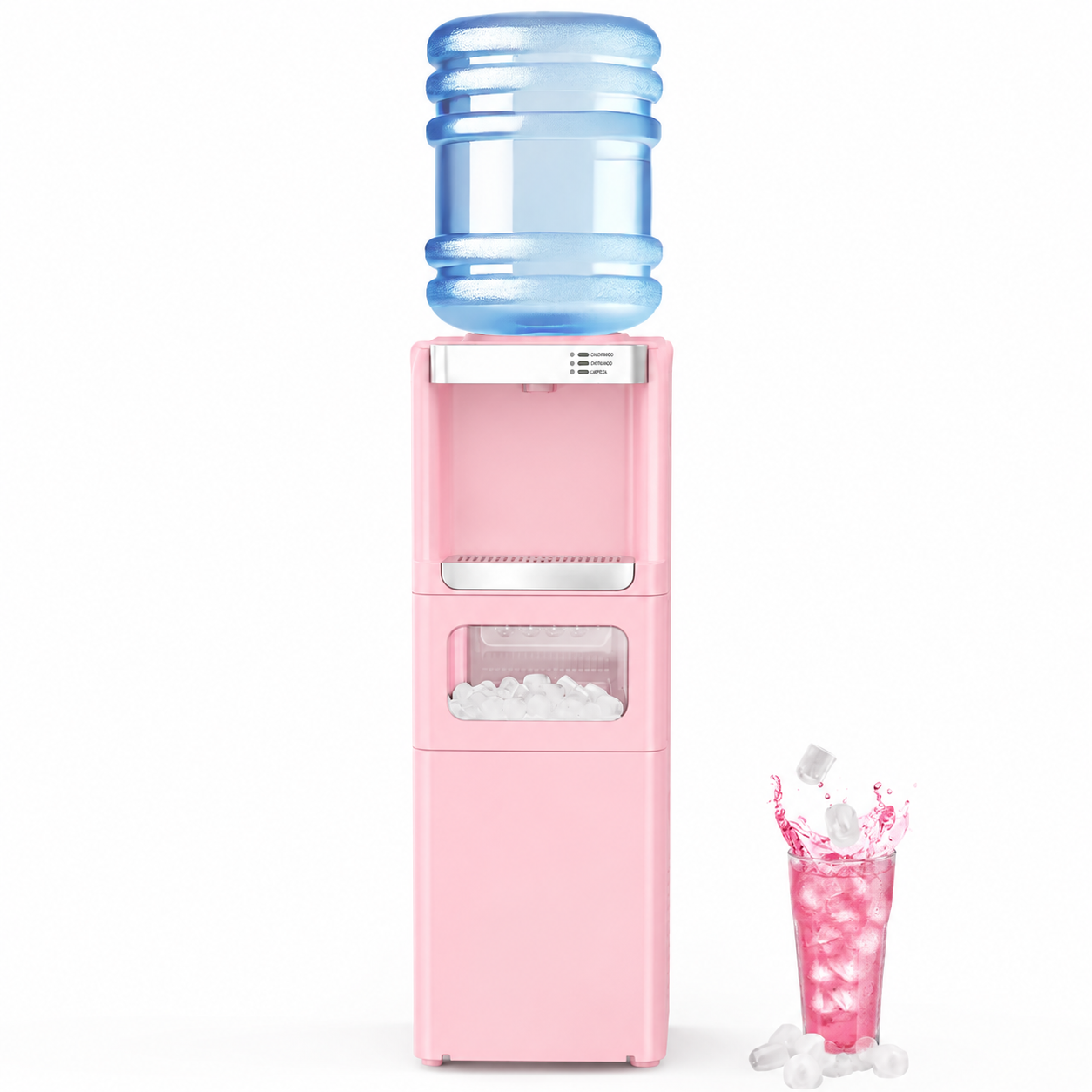 Dispensador de agua fría y caliente de carga superior con máquina de hielo integrada; compatible con garrafones de 5 galones y equipado con seguro para niños. Mantente fresco y revitalizado durante el caluroso verano.
